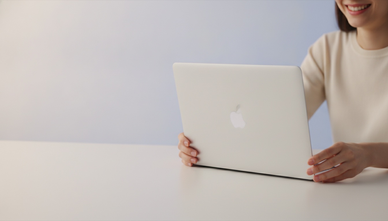 Hands placing a silver MacBook on a pale desk